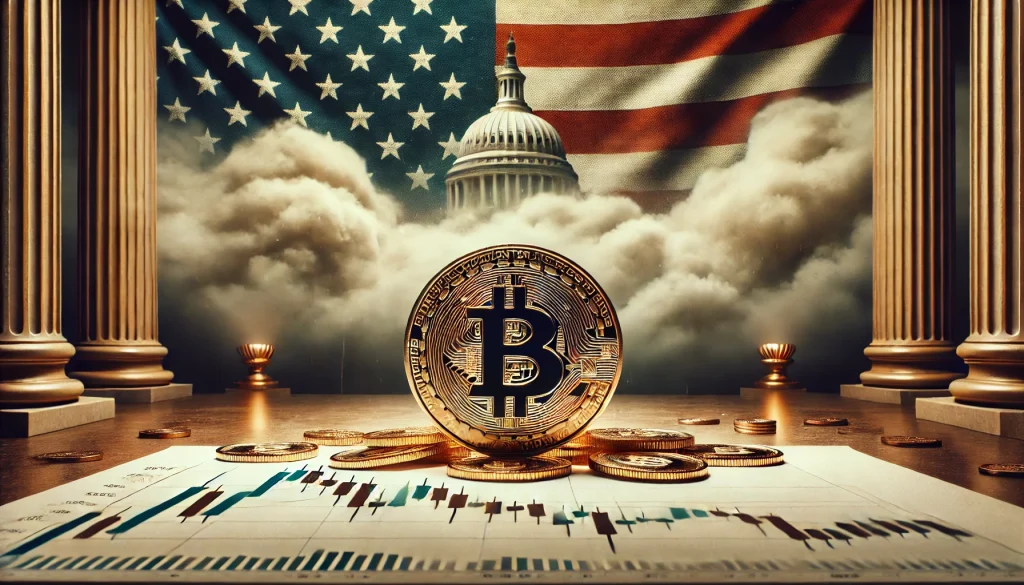 A symbolic representation of Bitcoin's market reaction to uncertain U.S. government policies, featuring a large Bitcoin coin tilted downward, a cloudy and vague political backdrop, and subtle downward-trending charts, with a muted American flag in the background.