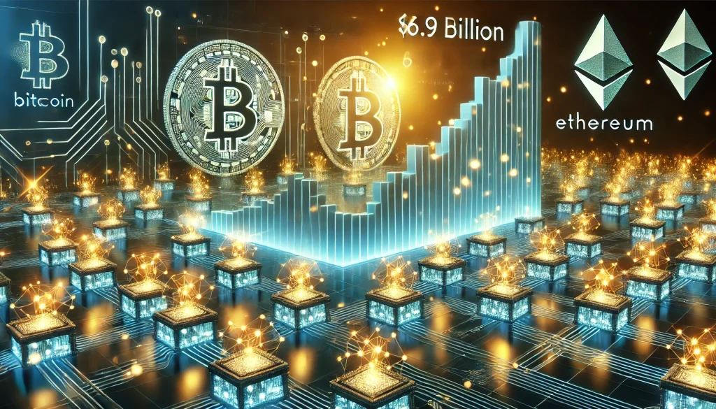 Visual representation of blockchain networks generating over $6.9 billion in transaction fees in 2024, showcasing glowing interconnected nodes, circuits, and a 3D graph. The design highlights Bitcoin and Ethereum symbols, emphasizing the growth and adoption of decentralized technology